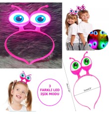 Led Işıklı & Pilli 3 Farklı Modda Yanan Uzaylı Göz Parti Tacı Pembe Renk 18x12 cm