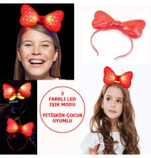 Led Işıklı & Pilli 3 Farklı Modda Yanan Yıldızlı Fiyonk Parti Tacı Kırmızı Renk 19x15 cm