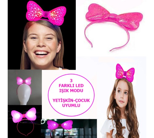 Led Işıklı & Pilli 3 Farklı Modda Yanan Yıldızlı Fiyonk Parti Tacı Pembe Renk 19x15 cm