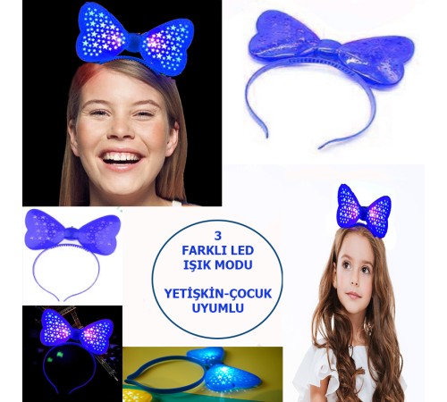 Led Işıklı & Pilli 3 Farklı Modda Yanan Yıldızlı Fiyonk Parti Tacı Mavi Renk 19x15 cm