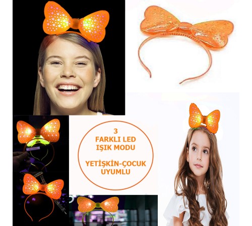 Led Işıklı & Pilli 3 Farklı Modda Yanan Yıldızlı Fiyonk Parti Tacı Turuncu Renk 19x15 cm