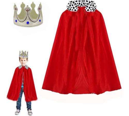 Çocuk Boy Kral Pelerini 90 cm ve Yumuşak Eva Kral Tacı Gümüş Renk