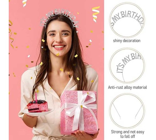 Kristal Taşlı Gümüş Renk İt's My Birthday Yazılı Doğum Günü Parti Tacı 14x16 cm