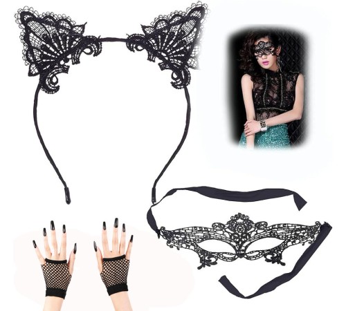 Dantel Parti Maskesi Dantel Kulak Taç Kısa File Örgü Eldiven 3 lü Set Siyah Renk