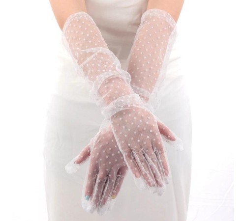 Uzun Boy Beyaz Puantiyeli Beyaz Renk Yetişkin Tül Eldiven 55 cm