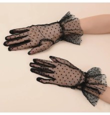 Kısa Boy Güpürlü Siyah Puantiyeli Tül Eldiven Siyah Renk