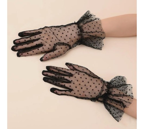 Kısa Boy Güpürlü Siyah Puantiyeli Tül Eldiven Siyah Renk