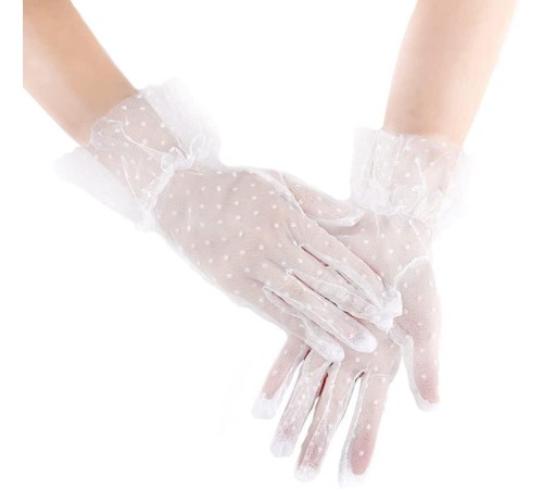 Kısa Boy Güpürlü Beyaz Puantiyeli Tül Eldiven Beyaz Renk