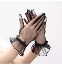 Kısa Boy Likralı Güpürlü Yetişkin Tül Eldiven Siyah Renk