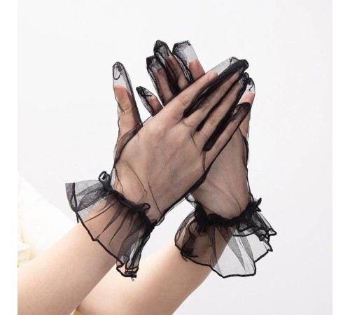 Kısa Boy Likralı Güpürlü Yetişkin Tül Eldiven Siyah Renk