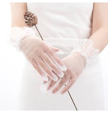 Kısa Boy Likralı Güpürlü Yetişkin Tül Eldiven Beyaz Renk