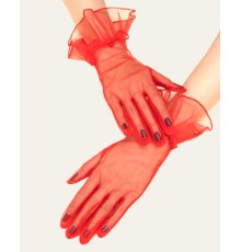 Kısa Boy Likralı Güpürlü Yetişkin Tül Eldiven Kırmızı Renk