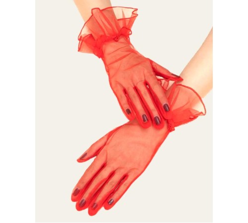 Kısa Boy Likralı Güpürlü Yetişkin Tül Eldiven Kırmızı Renk