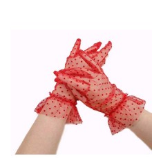 Kısa Boy Güpürlü Kırmızı Puantiyeli Tül Eldiven Kırmızı Renk