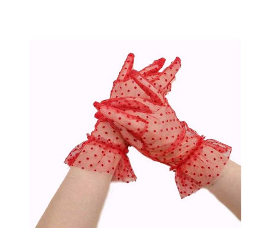 Kısa Boy Güpürlü Kırmızı Puantiyeli Tül Eldiven Kırmızı Renk