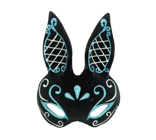 Siyah Renk Mavi Beyaz Simli Siyah Süet Kaplama Tavşan Maskesi 18x16 cm