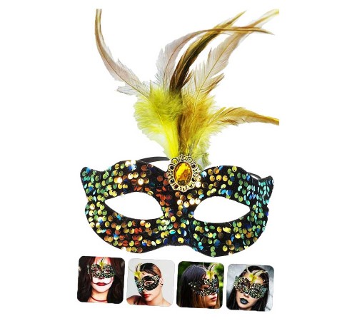 Siyah Kadife Üzeri Rengarenk Payetli Pullu Sarı Tüylü Sarı Taşlı Parti Maskesi 19x21 cm