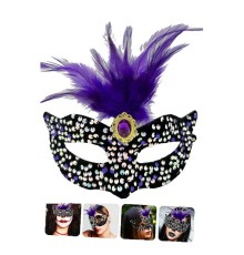 Siyah Kadife Üzeri Rengarenk Payetli Pullu Mor Tüylü Mor Taşlı Parti Maskesi 19x21 cm