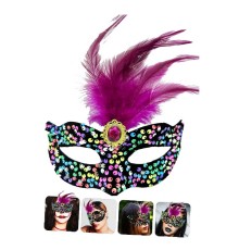 Siyah Kadife Üzeri Rengarenk Payetli Pullu Pembe Tüylü Pembe Taşlı Parti Maskesi 19x21 cm