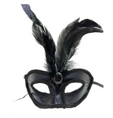 Siyah Renk Rugan Kaplama Kırmızı Tüylü Parti Maskesi 18x20 cm