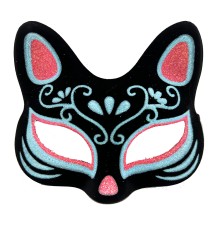 Siyah Renk Üzeri Mavi Kırmızı Simli Süet Kaplama Kedi Maskesi 17x14 cm