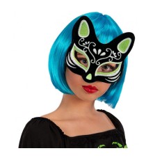 Siyah Renk Üzeri Gümüş Yeşil Simli Süet Kaplama Kedi Maskesi 17x14 cm