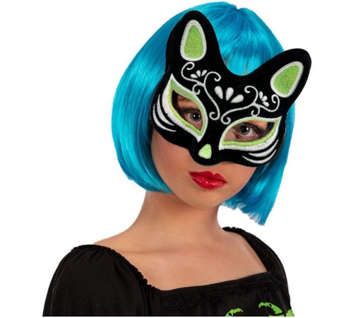 Siyah Renk Üzeri Gümüş Yeşil Simli Süet Kaplama Kedi Maskesi 17x14 cm