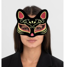 Siyah Renk Süet Kaplama Üzeri Kırmızı Sarı Simli Kedi Maskesi 17x14 cm