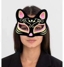 Siyah Renk Süet Kaplama Üzeri Pembe Sarı Simli Kedi Maskesi 17x14 cm