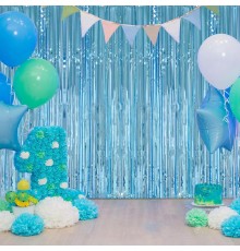 Açık Mavi Renk Ekstra Metalize Parlak Saçaklı Arka Fon Perde İthal 1x2 Metre