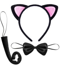 Kedi Kulak Taç Kuyruk ve Papyon 3 lü Set Çocuk Boy Pembe Renk