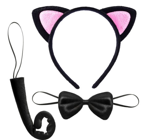 Kedi Kulak Taç Kuyruk ve Papyon 3 lü Set Çocuk Boy Pembe Renk