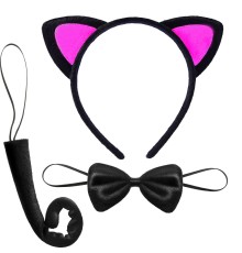 Kedi Kulak Taç Kuyruk ve Papyon 3 lü Set Çocuk Boy Fuşya Renk