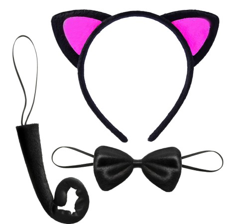Kedi Kulak Taç Kuyruk ve Papyon 3 lü Set Çocuk Boy Fuşya Renk