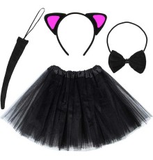 Kedi Kulak Taç Etek Kuyruk ve Papyon 4 lü Set Çocuk Pembe