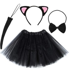 Kedi Kulak Taç Etek Kuyruk ve Papyon 4 lü Set Çocuk Fuşya