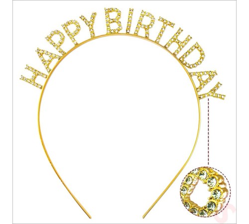 Altın Gold Renk Kristal Taşlı Parlak Happy Birthday Taç 16x17 cm