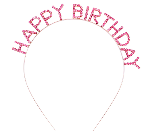 Pembe Renk Kristal Taşlı Gold Renk Kaplama Happy Birthday Taç 16x17 cm