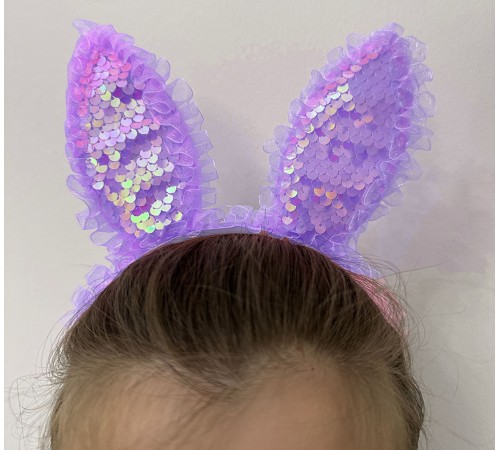 Kenarları Dantelli Mor Pullu Payetli Led Işıklı Tavşan Kulak Taç 23x19 cm