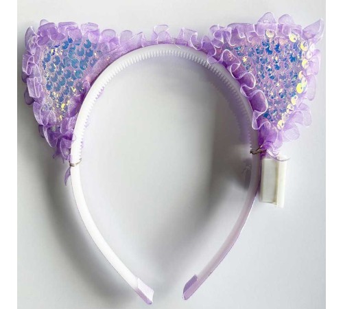 Kenarları Dantelli Mor Pullu Payetli Led Işıklı Kedi Kulak Taç 17x19 cm