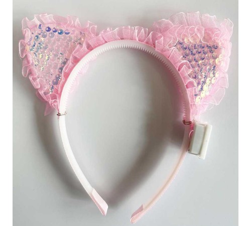 Kenarları Dantelli Pembe Pullu Payetli Led Işıklı Kedi Kulak Taç 17x19 cm