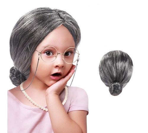 Gri Renk Yaşlı Peruğu Takma Saç Anneanne Babaanne Yetişkin Çocuk Uyumlu