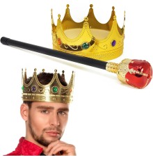 Altın Renk 60 cm Kral Tacı Kraliyet Tacı ve Kırmızı Topuzlu Kral Asası Seti