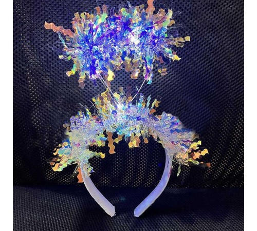 Beyaz Renk Gümüş Işıltılı Püsküllü Led Işıklı Parlak Hologramlı Taç 25x12 cm