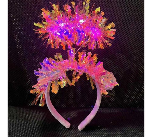 Pembe Renk Pembe Işıltılı Püsküllü Led Işıklı Parlak Hologramlı Taç 25x12 cm