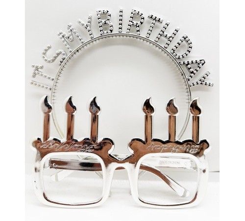 İt's My Birthday Yazılı Taç ve Mum Şekilli Gözlük Seti Gümüş Renk