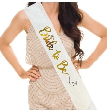 Beyaz Üzeri Altın İtalik Alyanslı Bride To Be Yazılı Simli Işıltılı Kuşak Kemer 10x80 cm