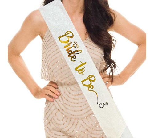 Beyaz Üzeri Altın İtalik Alyanslı Bride To Be Yazılı Simli Işıltılı Kuşak Kemer 10x80 cm