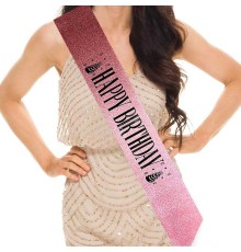 Pembe Üzeri Siyah Büyük Happy Birthday Yazılı Simli Işıltılı Kuşak Kemer 10 cm Genişlik