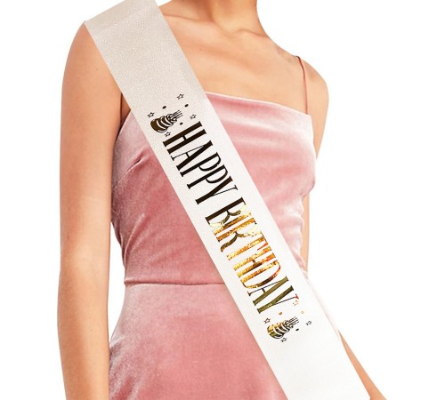 Beyaz Üzeri Altın Büyük Happy Birthday Yazılı Simli Işıltılı Kuşak Kemer 10 cm Genişlik